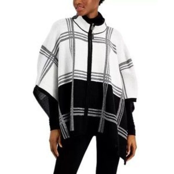 ANNE KLEIN PLAID Paned Cape Black White Camellia PONCHO - Picture 1 of 5